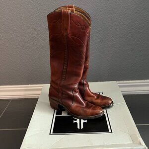 VINTAGE BLACK LABEL FRYE CAMPUS Cognac Brown Leather Knee High Cowboy Boot - 7B